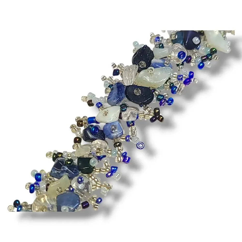 Blue & White Glass‎ Bead Woven Wide Cuff Wrap Bracelet 7